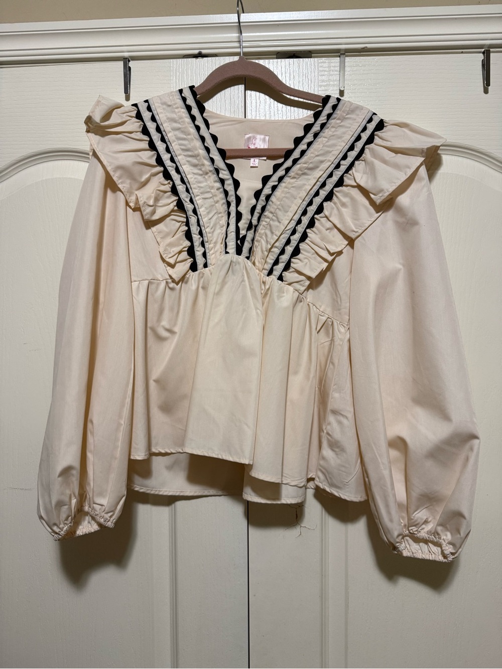 So Me Cream Peasant Blouse with Black Trim